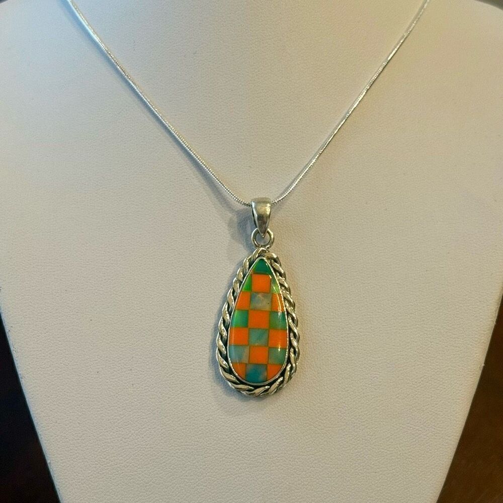 Stunning Aurora Opal Checkerboard Pendant 925 Sterling Silver Teardrop Framed - Picture 4 of 4